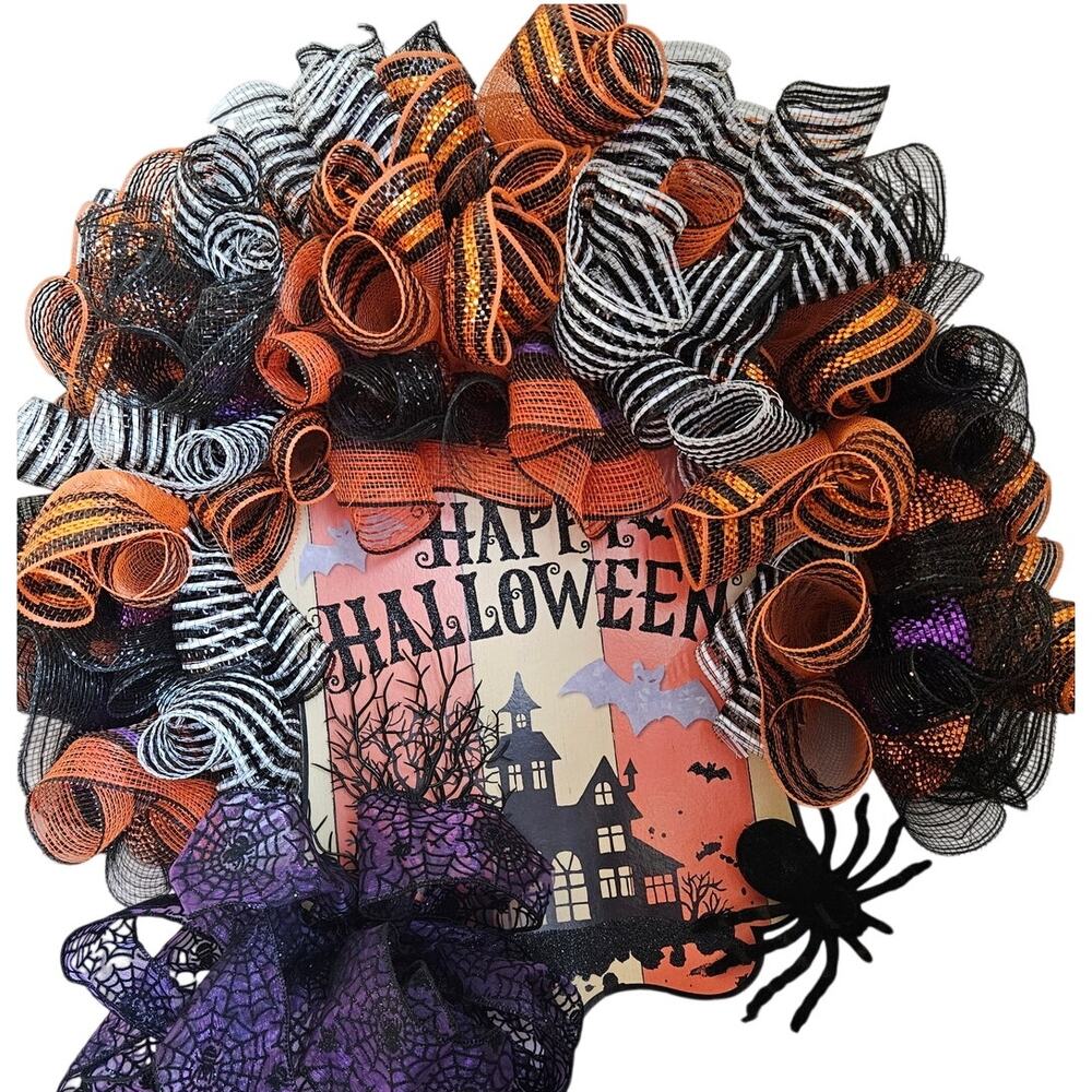 Handmade Halloween Wreath Orange Black Purple 30x7 Deco Mesh